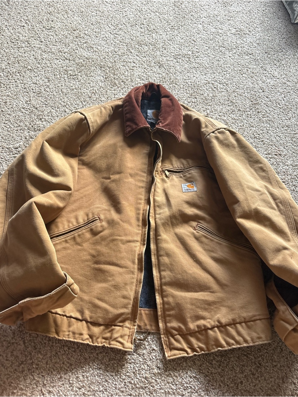 Carhartt Men’s Tan Work Jacket with Brown Corduroy Collar
